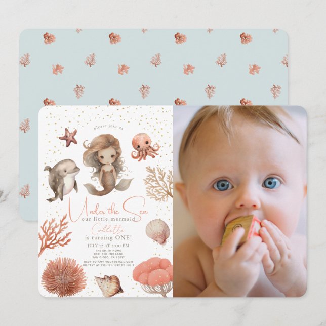 Under the Sea Mermaid Sea 1st Birthday Photo Invitation (Front/Back)