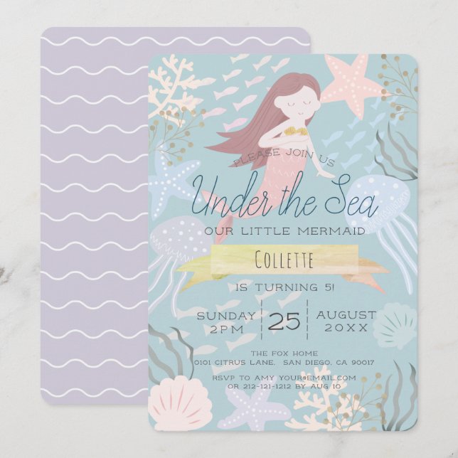 Under the Sea Mermaid Sea Gree Birthday Invitation (Front/Back)
