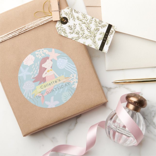 Under the Sea Mermaid Sea Green Birthday Classic Round Sticker (Gifting)