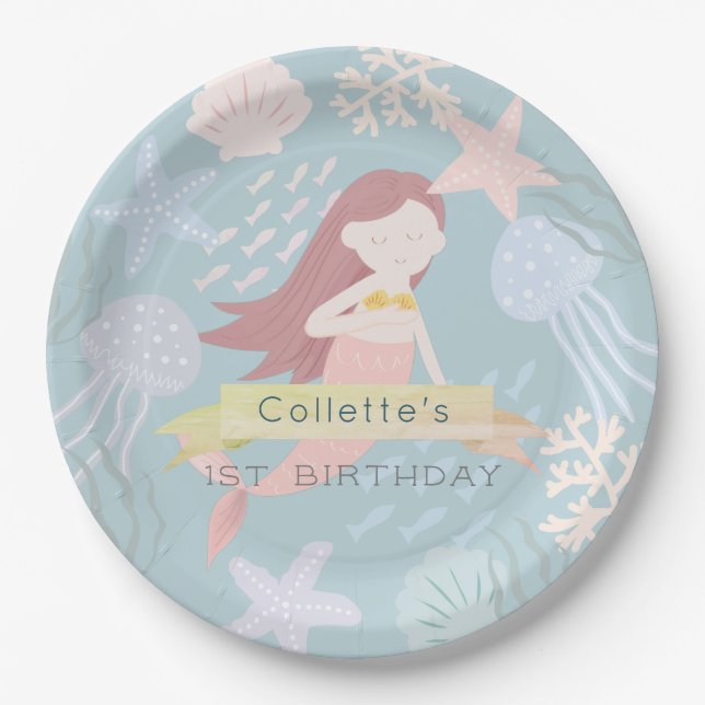 Under the Sea Mermaid Sea Green Birthday Paper Plate (Front)