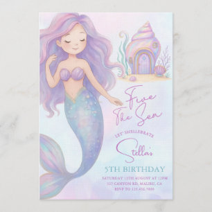 Under the Sea Mermaid Sea Purple Girl 5th Birthday Invitation