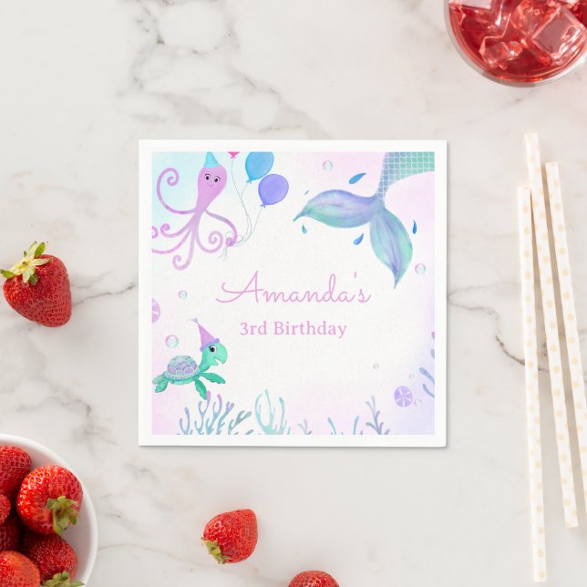 Under The Sea Mermaid & Sea Turtle Birthday Napkin (Insitu)