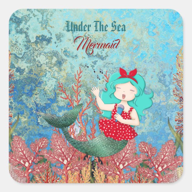 Under The Sea Mermaid Singing Tropical Coral Reef  Square Sticker (Front)