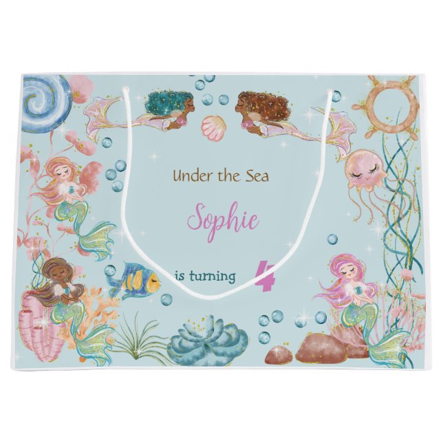 Under the sea Mermaids kids birthday Large Gift Bag (Front)