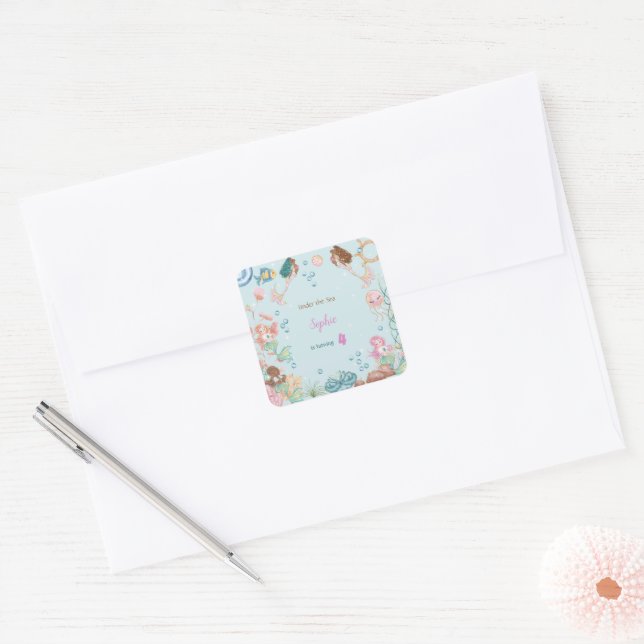 Under the sea Mermaids kids birthday Square Sticker (Envelope)