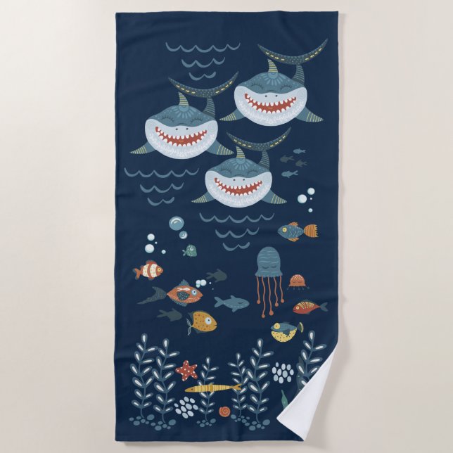 Under the sea nautical shark marine fish beach towel (Front)