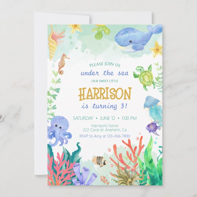 Under the Sea Nautical Whale Turtle Birthday Invit Invitation (Front)