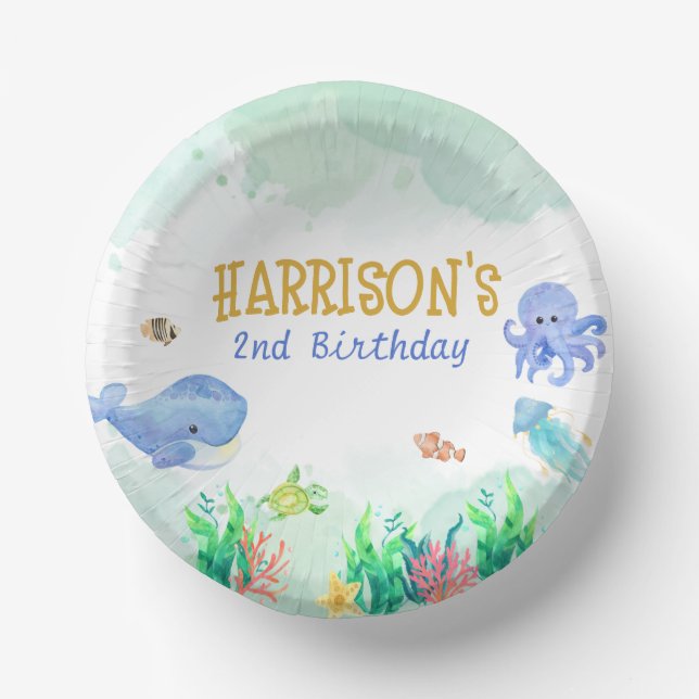 Under the Sea Nautical Whale Turtle Birthday Paper Plate (Front)