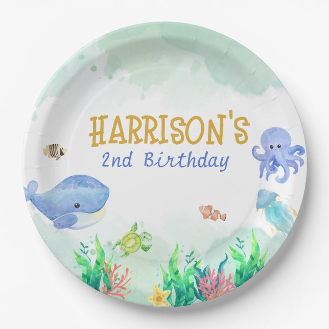 Under the Sea Nautical Whale Turtle Birthday Paper Plate (Front)