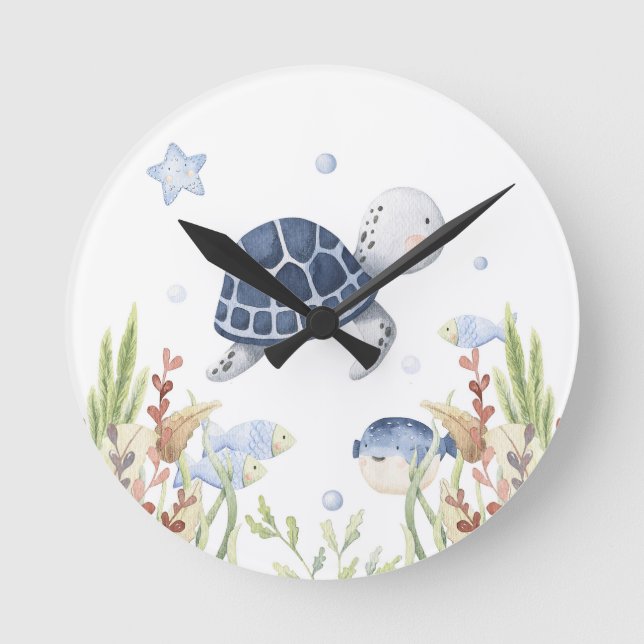 Under the Sea Nursery Decor, Turtle Round Clock (Front)