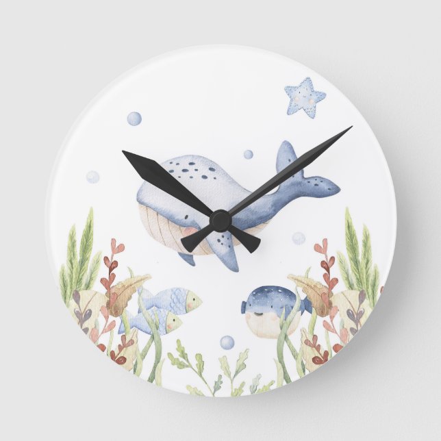 Under the Sea Nursery Decor, Whale Round Clock (Front)