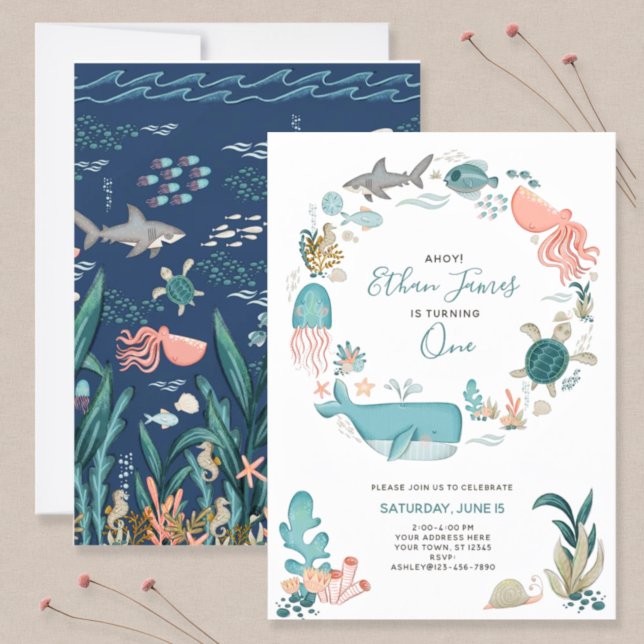 Under the Sea Ocean Animals 1st Birthday Script Invitation (Creator Uploaded)