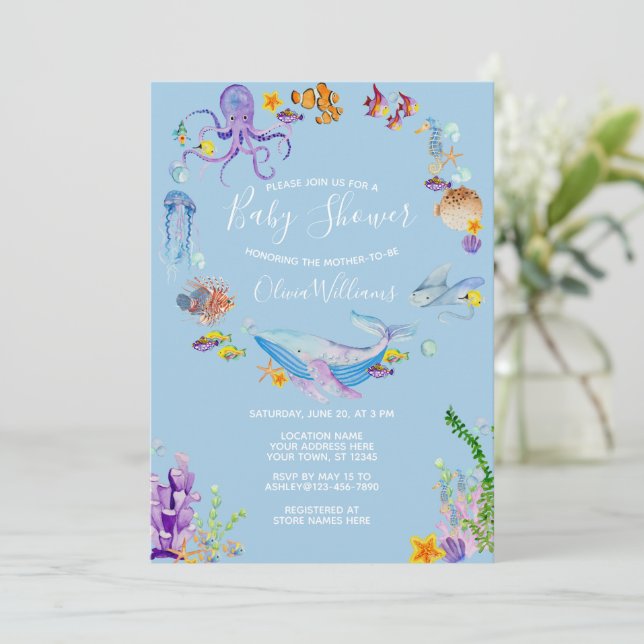 Under the Sea Ocean Animals Baby Shower Script Invitation (Standing Front)
