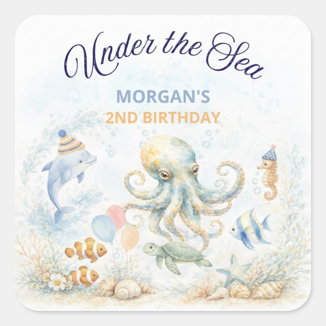 Under the Sea Ocean Animals Octopus Birthday Square Sticker (Front)
