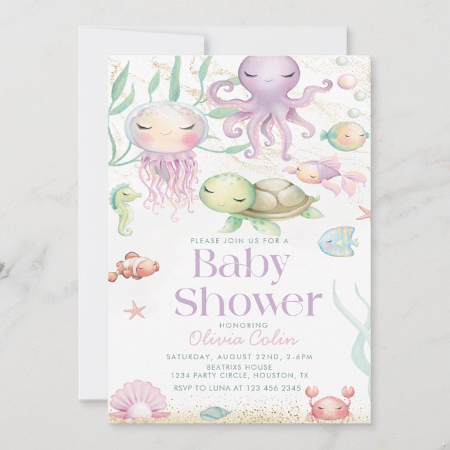  Under The Sea Ocean Animals purple baby shower Invitation (Front)