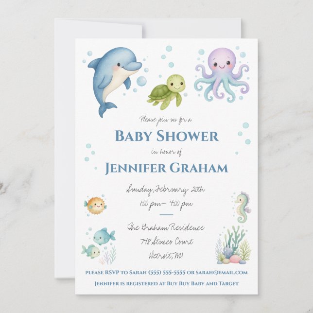 Under the Sea, Ocean Creatures Baby Shower Invitation (Front)