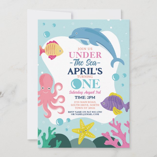 Under The Sea Ocean Dolphin Octopus Girls One 1st Invitation (Front)