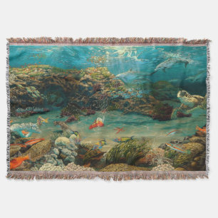 Under the sea/ocean dolphins/sea turtle/cartooned throw blanket
