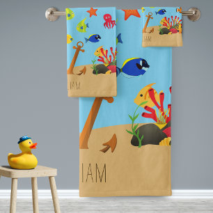 Under the Sea Ocean Fish and Anchor Kid Name Bath Towel Set