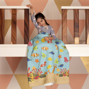 Under the Sea Ocean Fish and Anchor Kid Name Fleece Blanket