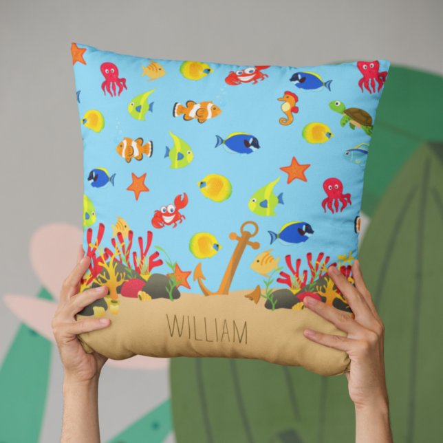 Under the Sea Ocean Fish and Anchor Kid Name Throw Pillow (Creator Uploaded)