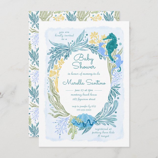 Under the Sea Ocean Waves Seahorse Twins Boys Invitation (Front/Back)