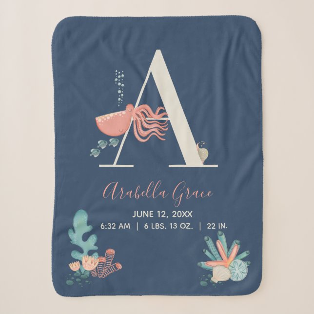 Under the Sea Octopus Alphabet Letter A Baby Stats Sherpa Blanket (Front)