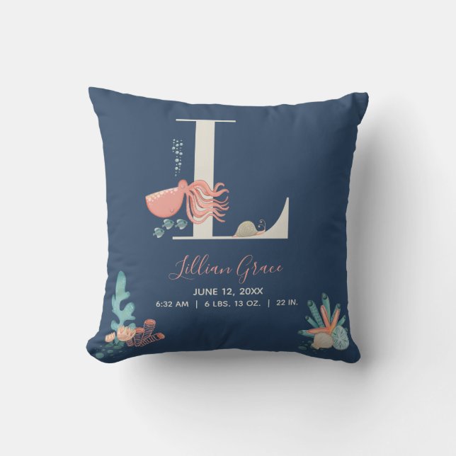 Under the Sea Octopus Alphabet Letter L Birth Stat Throw Pillow (Front)