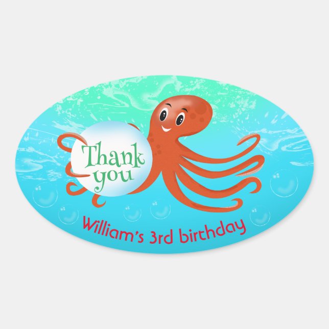 Under The Sea Octopus With Bubble Birthday Party Oval Sticker (Front)