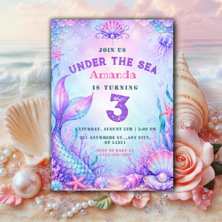 Under the Sea | pastel Mermaid 3rd Birthday girl Invitation
