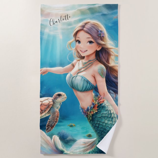 Under the Sea Personalized Mermaid  Beach Towel (Front)