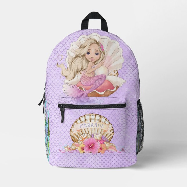 Under the Sea Pink and Purple Mermaid (Blonde)  Printed Backpack (Front)