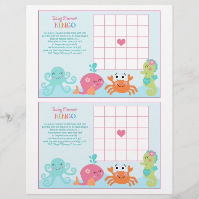 Under the Sea/Pink Whale "Baby Shower Bingo" sheet (Front)