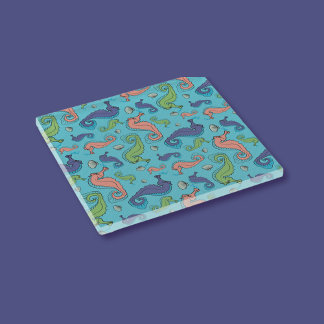 Under the Sea - Playful Seahorse and Shell Pattern Glass Coaster