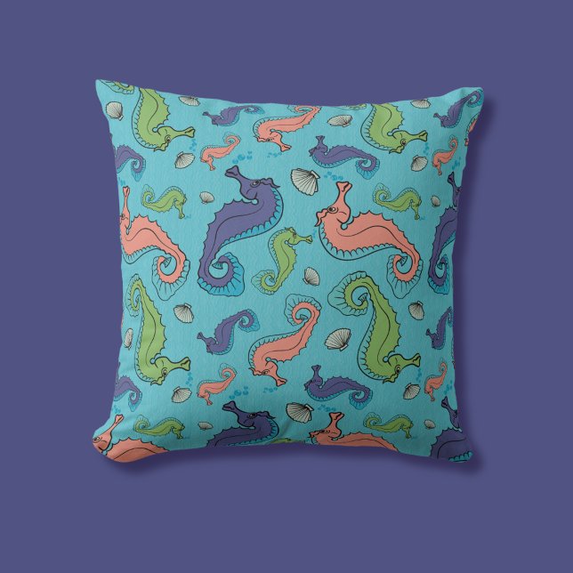 Under the Sea - Playful Seahorse and Shell Pattern Throw Pillow (Creator Uploaded)
