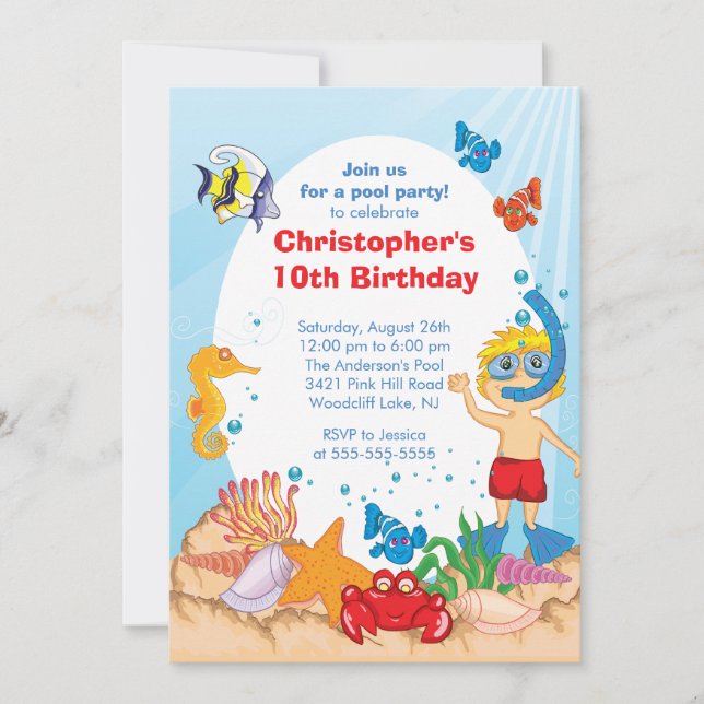 Under the Sea Pool Party Birthday Invitation boy (Front)