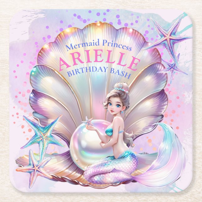 Under The Sea Purple & Teal Mermaid Birthday Bash Square Paper Coaster (Front)