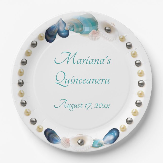 Under the Sea Quinceanera Party Seashells Pearls Paper Plate (Front)