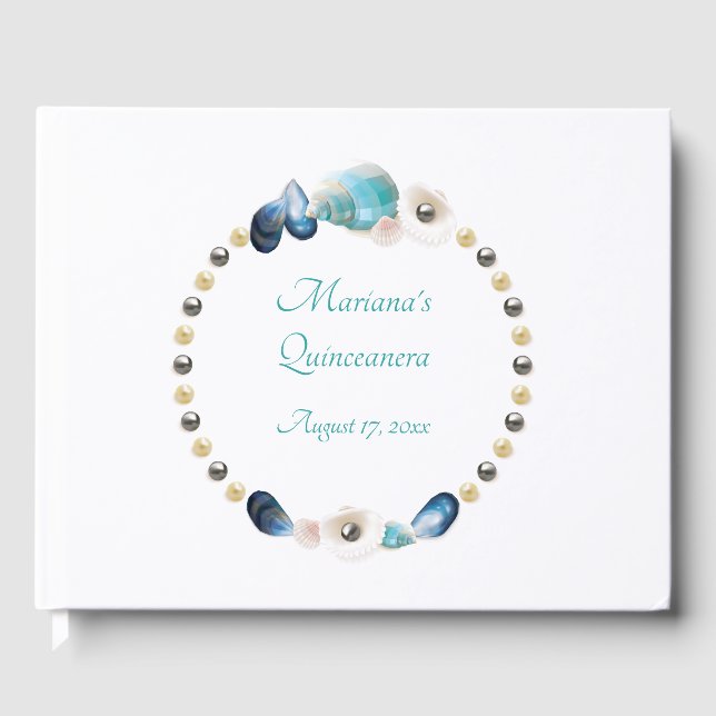 Under the Sea Quinceanera Party Teal Blue Seashell Guest Book (Front)