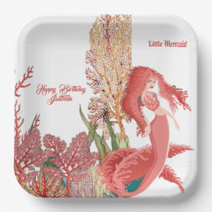 Under The Sea Red Mermaid Coral Birthday Greeting Paper Plate