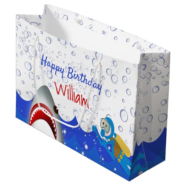 Under the sea shark birthday party boys large gift bag (Front Angled)
