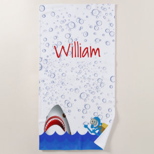 Under the sea shark bubbles blue diver name beach towel