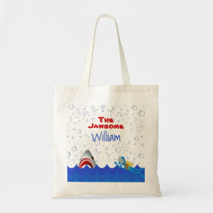 Under the sea shark scubadiver name cartoon kids tote bag