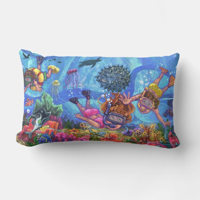Under the Sea Snorkelling Kids Art Lumbar Pillow (Front)