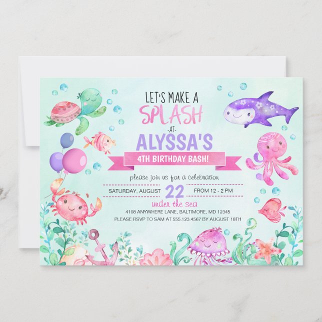 Under The Sea Splash Birthday Girl Invitation (Front)