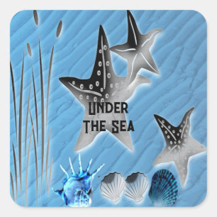 Under The Sea Starfish Shells Seaweed Blue Water  Square Sticker