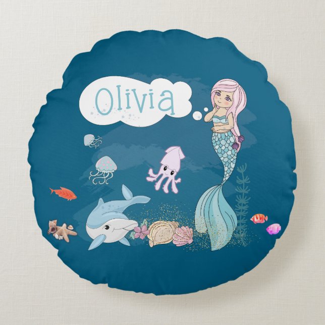 Under the Sea Sweet Mermaid Personalized Round Pillow (Front)