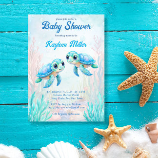 Under the sea turtle aqua blue twins baby shower invitation