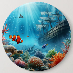 Under the sea, turtle, coral, ship, clown fish 6 inch round button