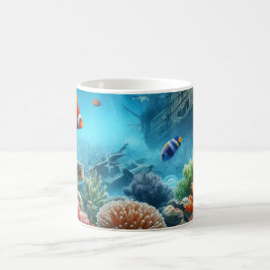 Under the sea, turtle, coral, ship, clown fish coffee mug